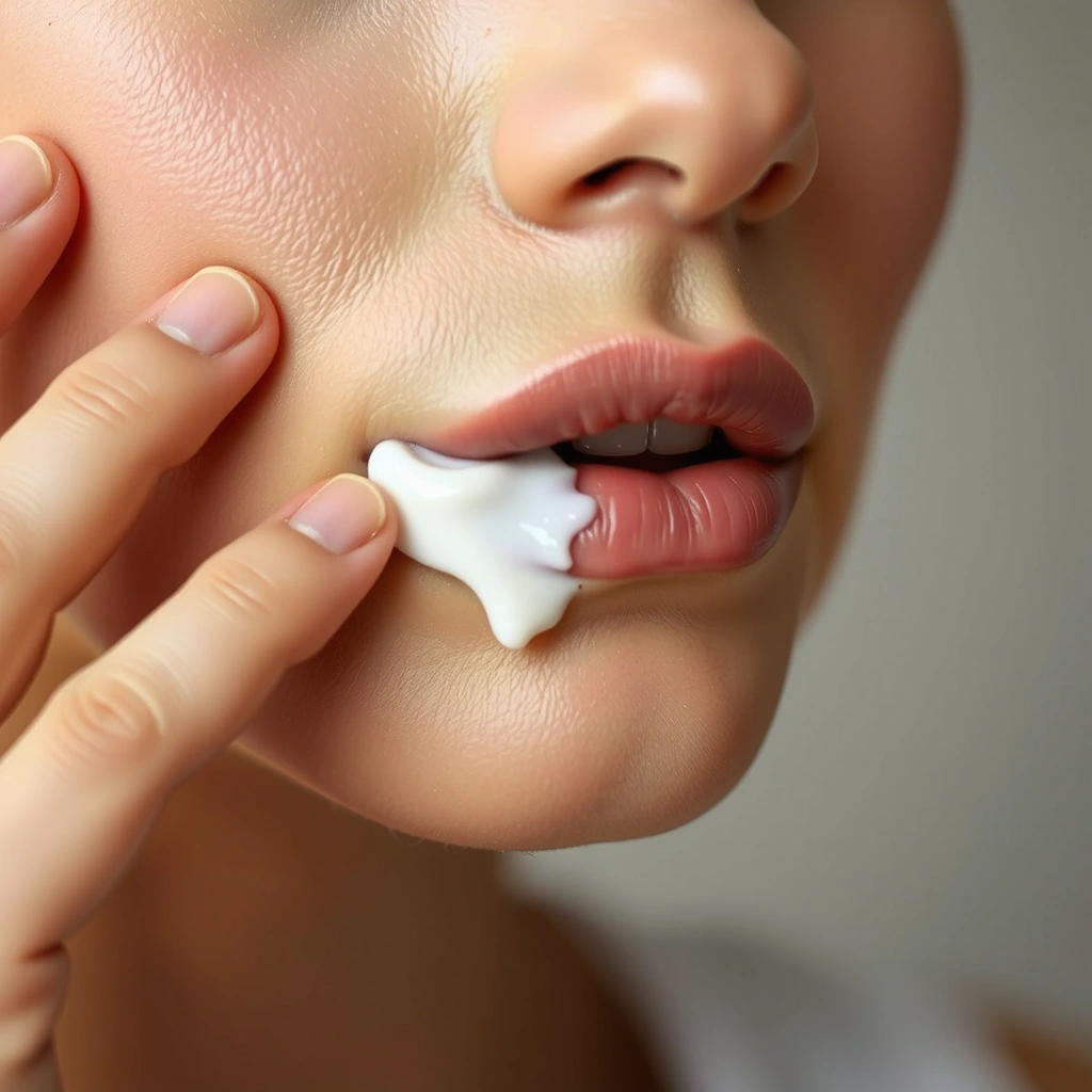 A close-up of a person applying a luxurious face cream to their skin.
