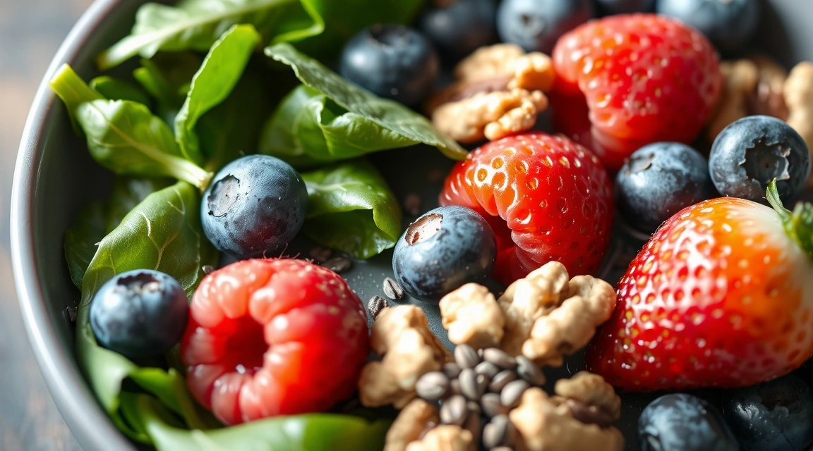 A vibrant bowl of fresh berries, nuts, and leafy greens, symbolizing antioxidant-rich foods.