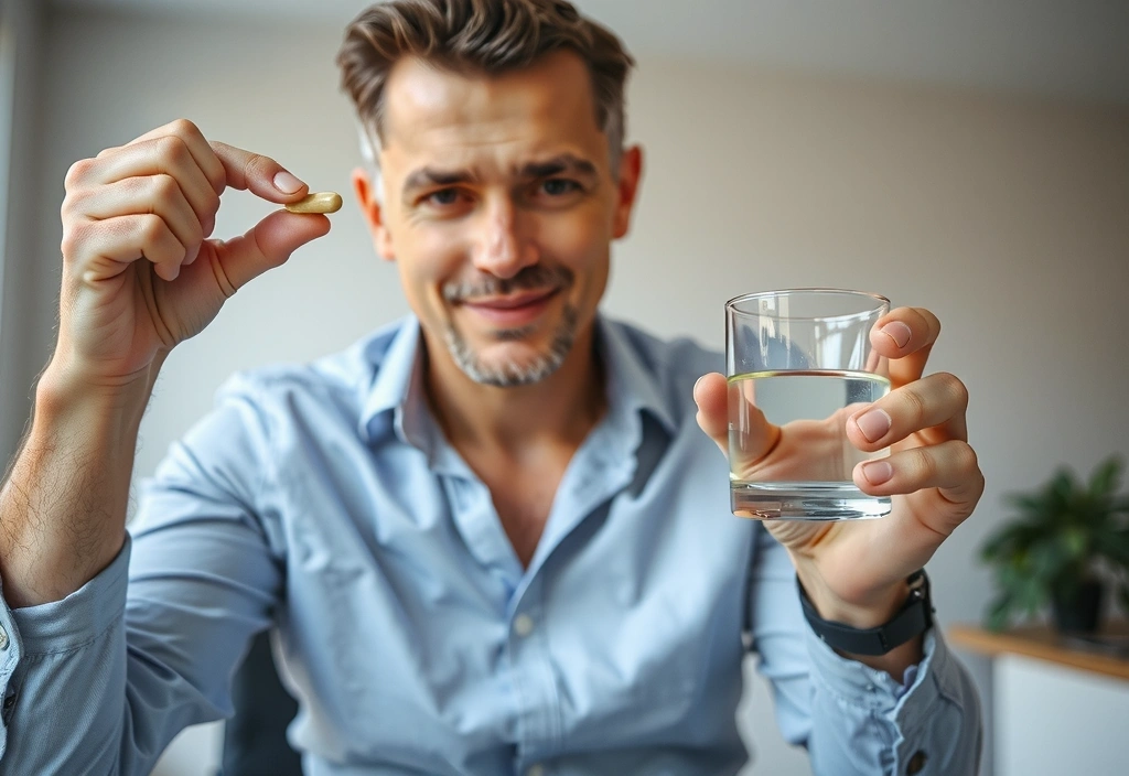 A man taking supplements with a glass of water, showing a healthy lifestyle.