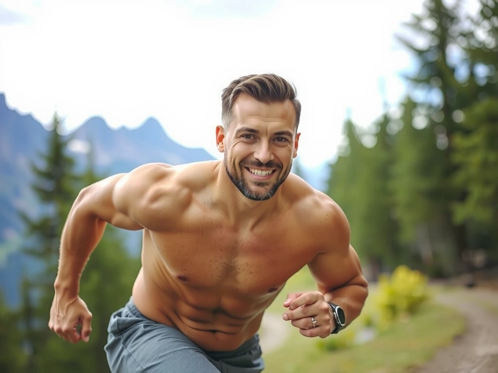 Dynamic image of a strong, healthy man exercising in nature, embodying vitality and peak physical condition.
