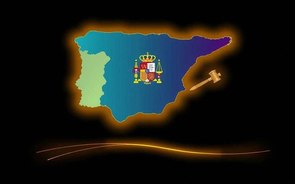 A stylized map of Spain with glowing legal symbols, indicating jurisdiction, with progress bar overlay.